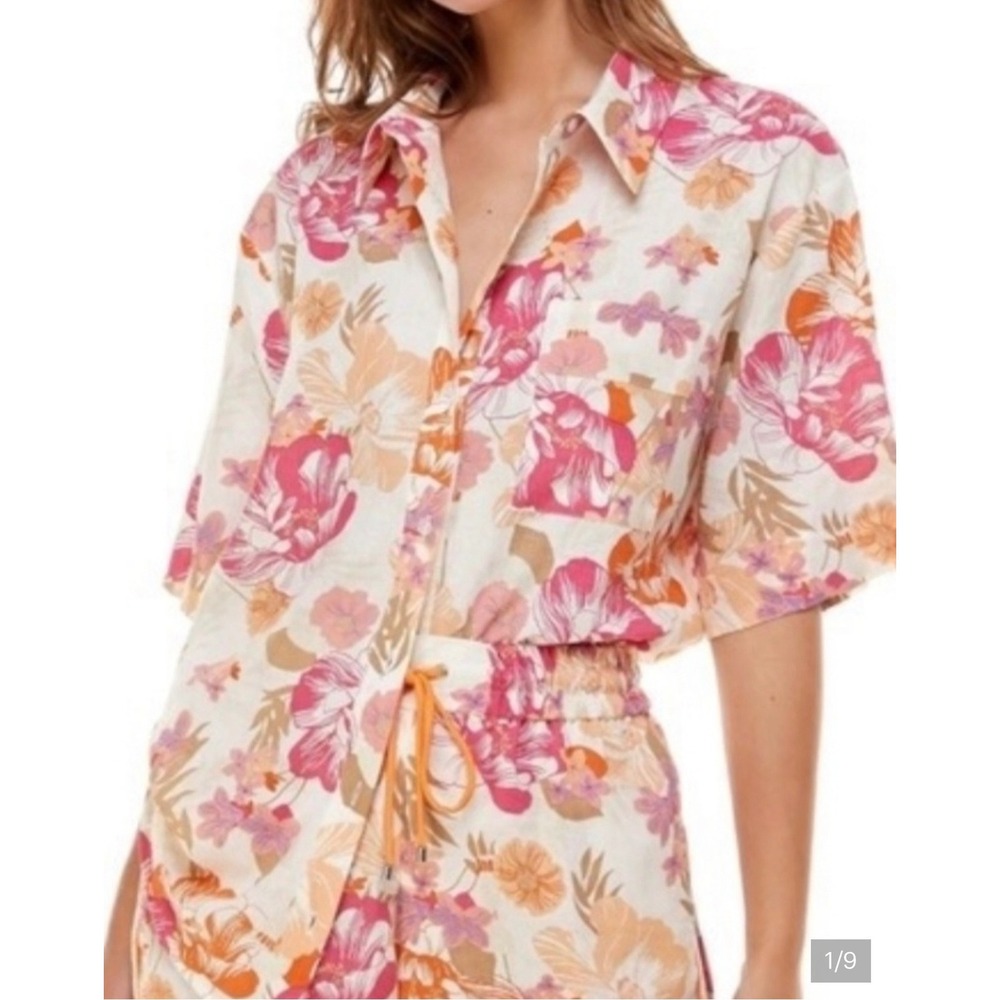 Wayf Linen Blend Floral Shirt Women Small Short Sleeve Tropical Button Up Blouse